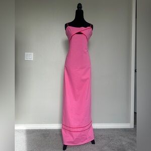 Petal & Pup Callie Contrast Pink Maxi Dress with Red Trim with side pockets.